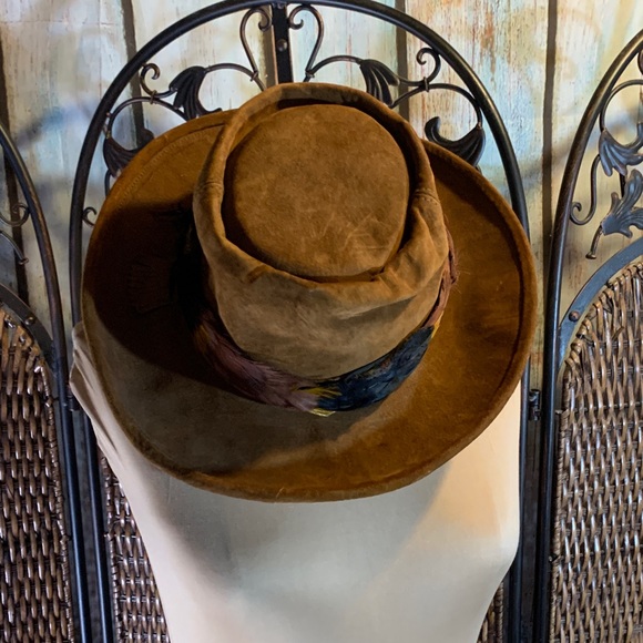 Vintage Henschel Brown Suede Hat with Feathers Size M - Picture 1 of 9